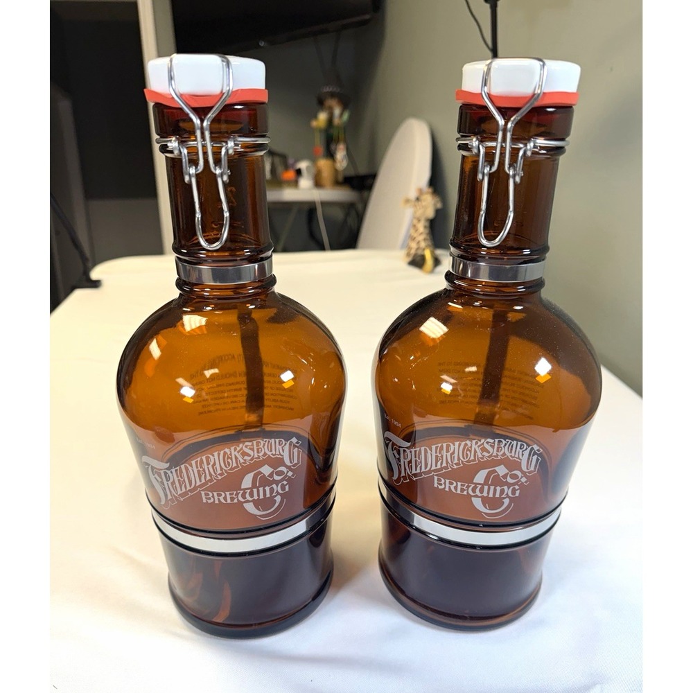Lot of 2 Fredericksburg Brewing Co 2L Amber Glass Growlers German Swing Top Lids
